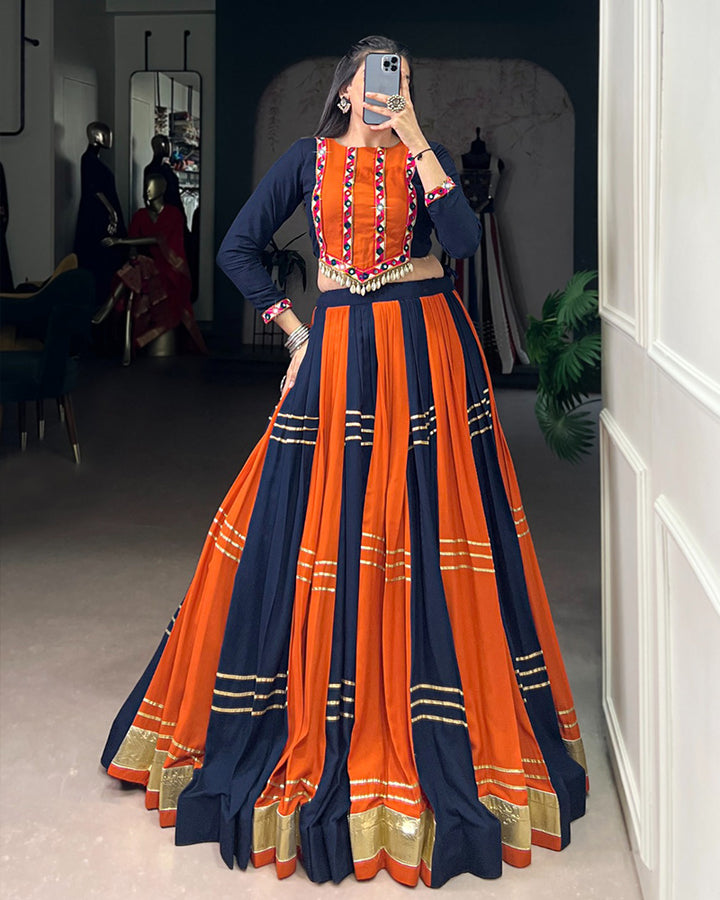 Navy Blue-Orange Color Pure Rayon Navratri Lehenga Choli