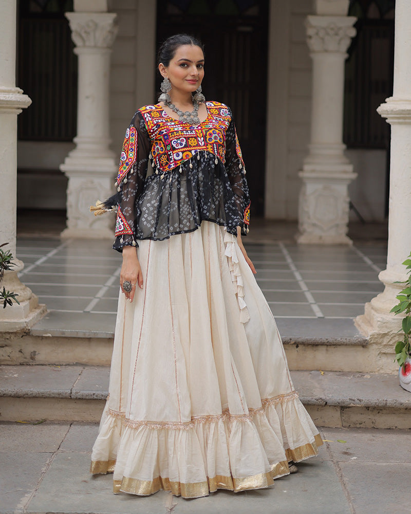 Vibrant Gamthi Work Black Kediya With Off-White Traditional Lehenga