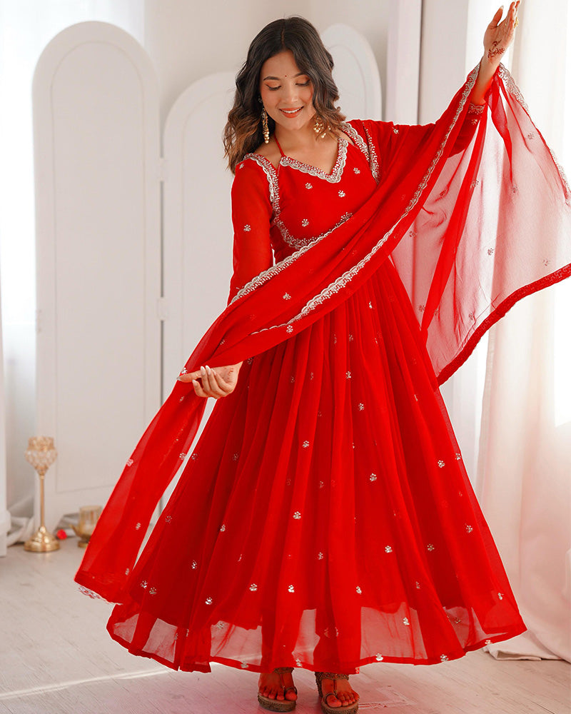 Red Color Georgette Sequence Embroidered Anarkali Suit – TANHAI