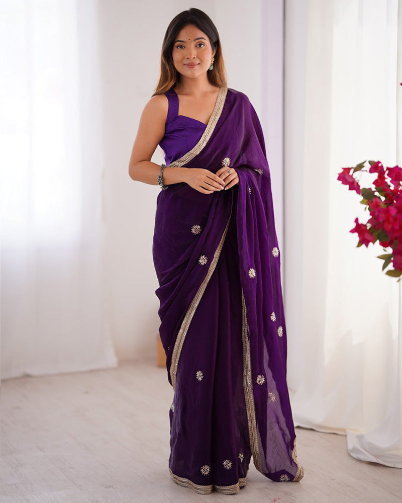 Purple Color Smooth Fandy Embroidered Saree