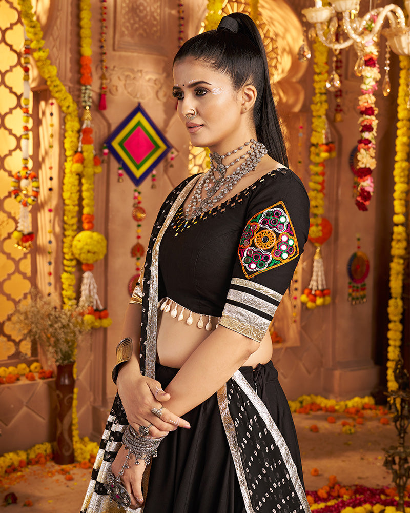 Royal Black Lehenga Choli With Gold Borders And Colorful Embroidery