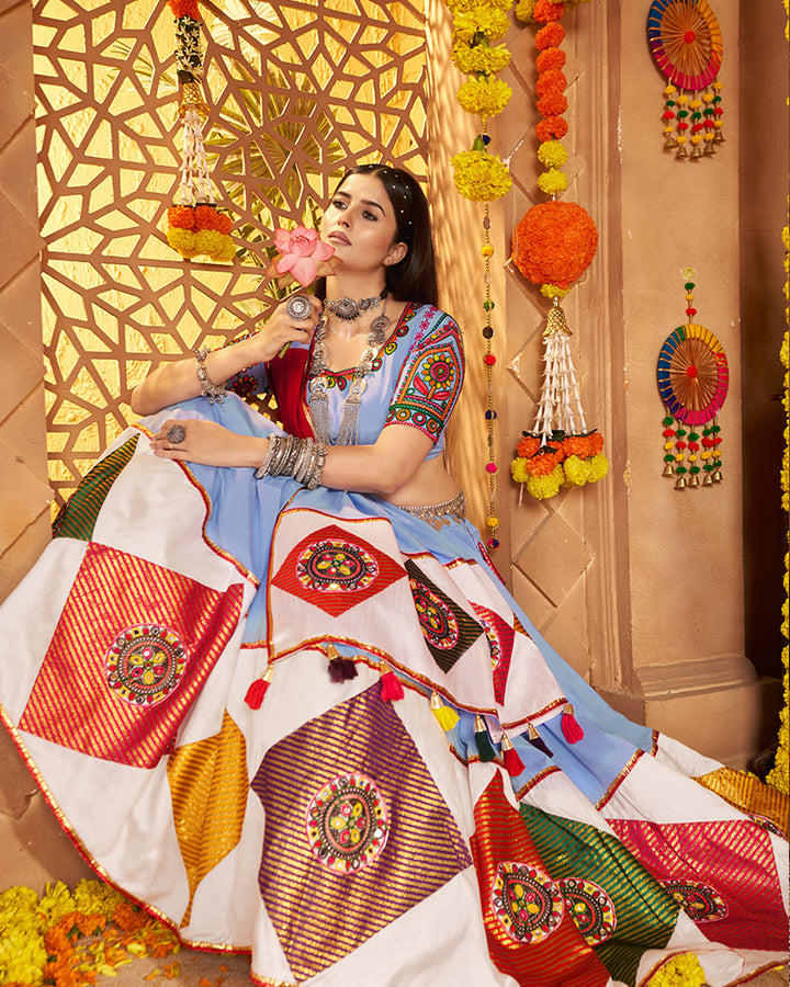 Sky Blue Viscose Cotton Embroidered Navratri Chaniya Choli