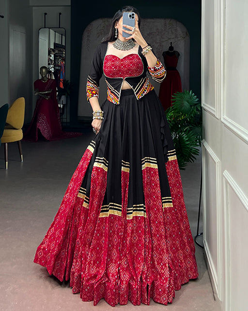 Red And Black Color Rayon Bandhani Print Navratri Lehenga Choli
