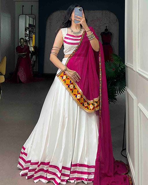Traditional White Color Rayon Navratri Lehenga Set