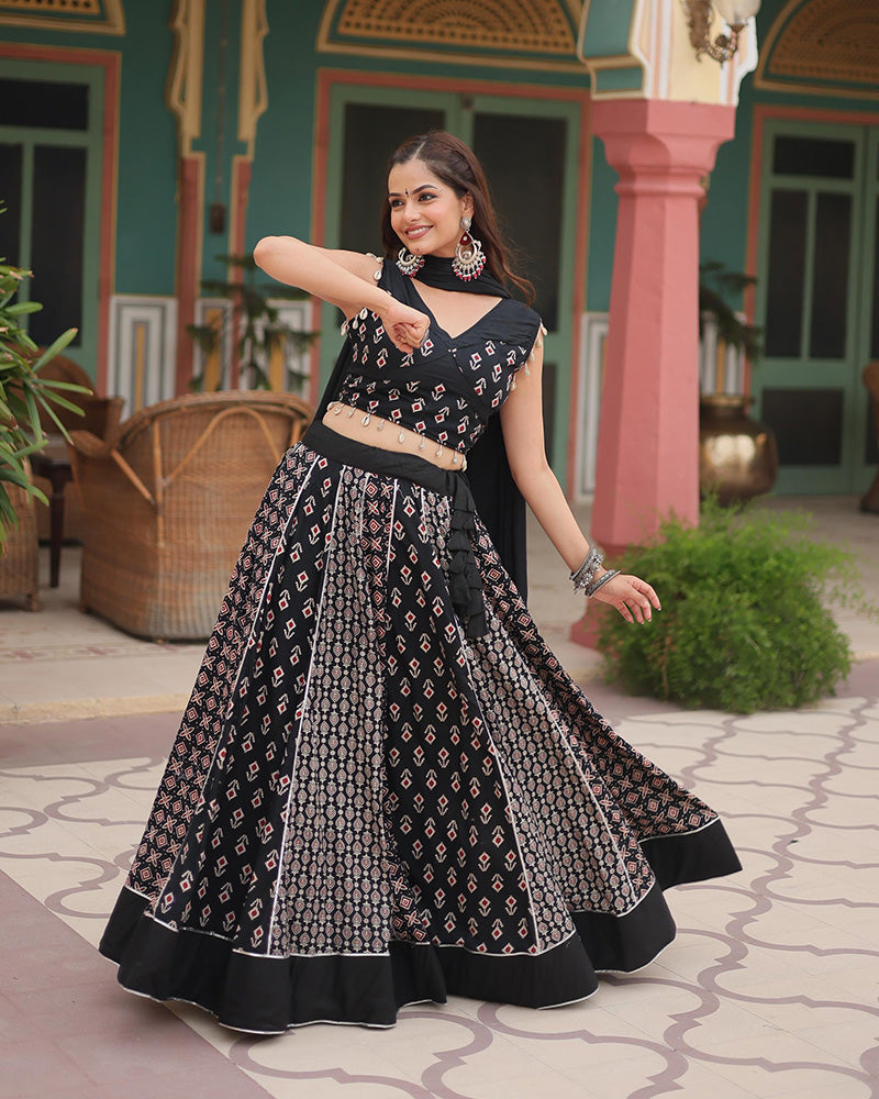Black Color Rayon Kali Pattern Navratri Lehenga Choli