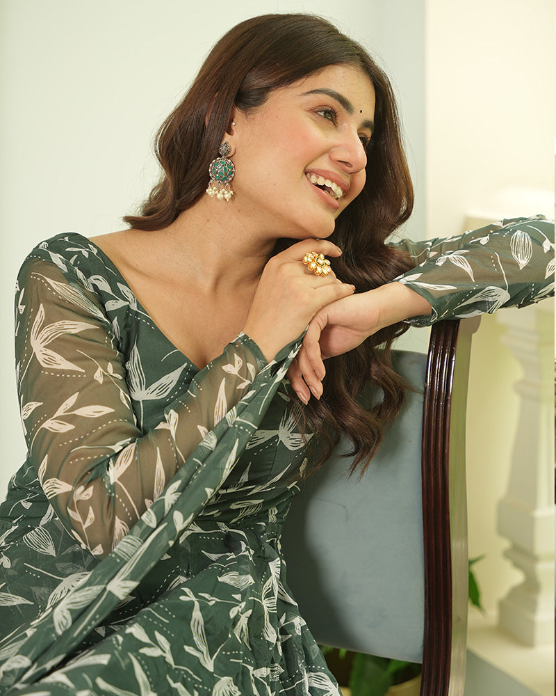 Green Color Printed Tebby Organza Three Piece Anarkali Suit