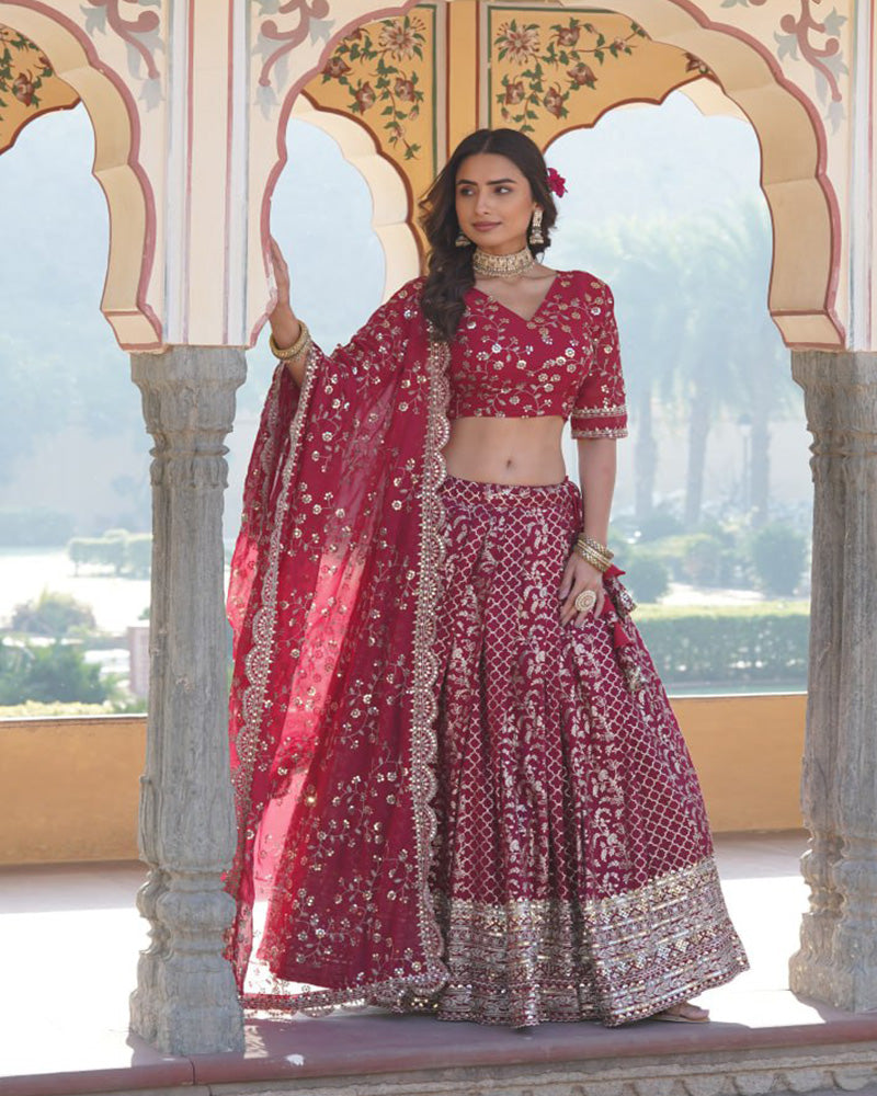 New Design Rani Pink Color Sequence Embroidered Jacquard Lehenga Choli