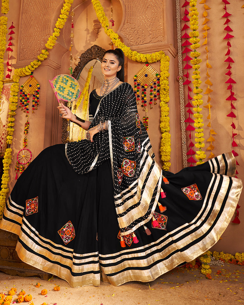 Royal Black Lehenga Choli With Gold Borders And Colorful Embroidery