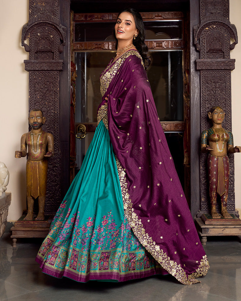 Firozi Color Tussar Silk Printed And Foil Work Lehenga Choli