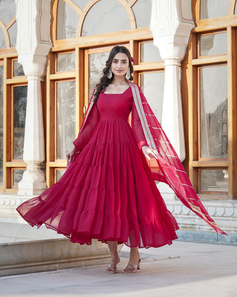 Rani Pink Color Five layer Georgette Anarkali Gown With Dupatta