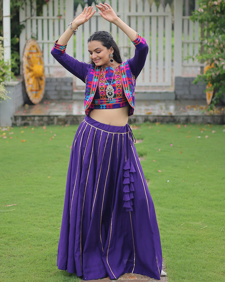 Elegant Purple Mirror Work Navratri Lehenga With Jacket Style Blouse