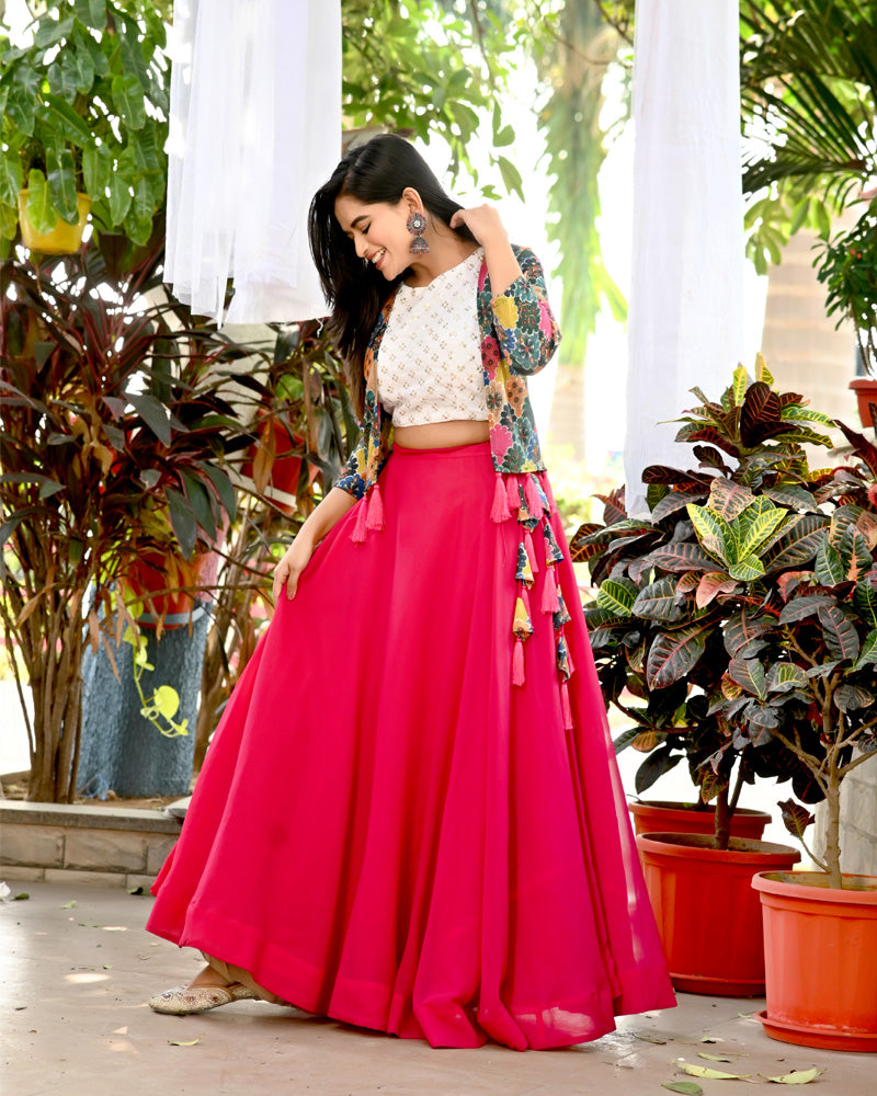 Rani Pink Color Plain Work Blooming Georgette Lehenga Choli