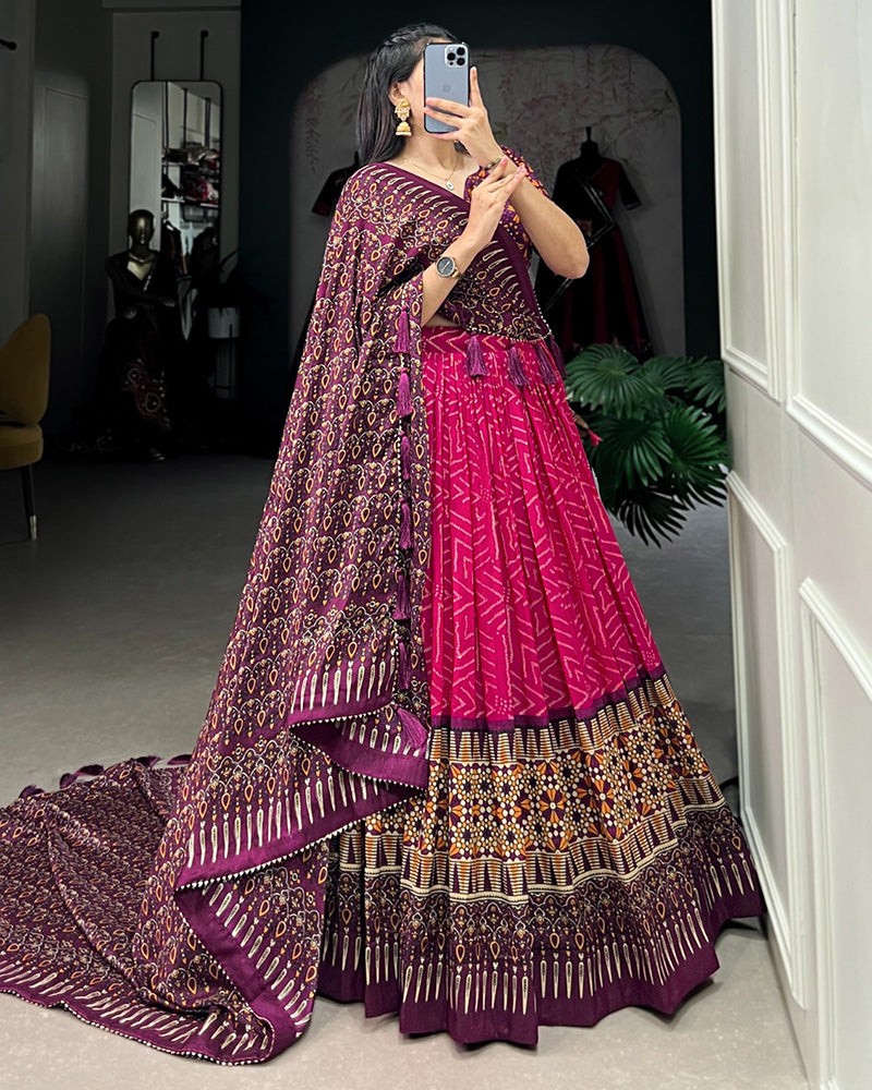 Pink Color Tussar Silk Bandhej Printed Navratri Lehenga Choli