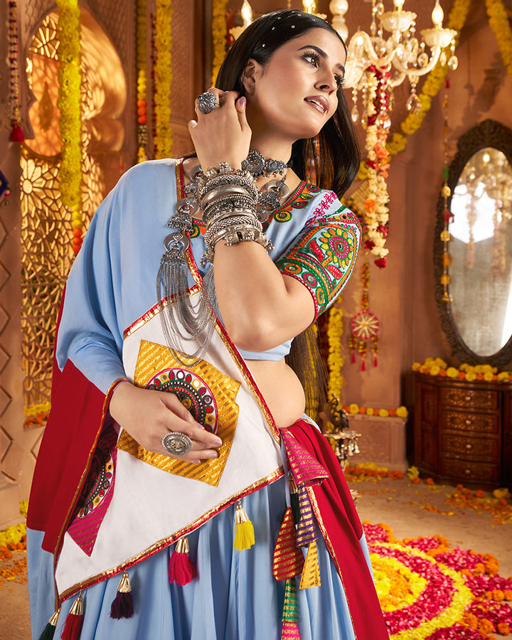 Sky Blue Viscose Cotton Embroidered Navratri Chaniya Choli