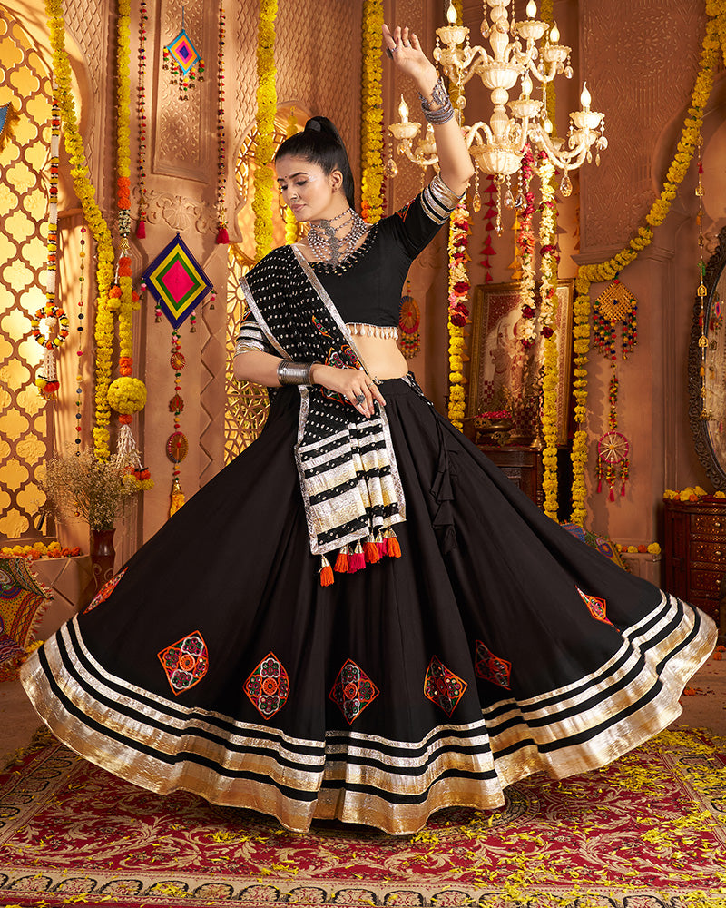 Royal Black Lehenga Choli With Gold Borders And Colorful Embroidery