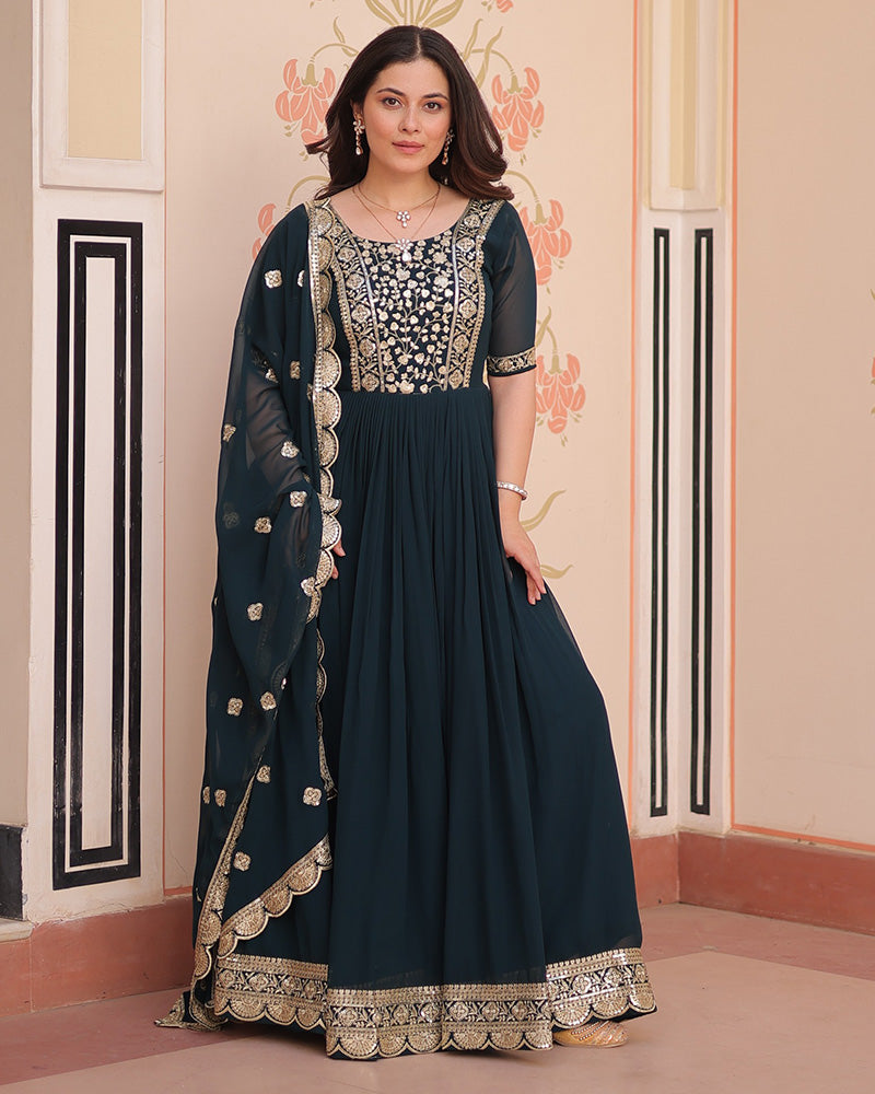 Designer Rama Blue Anarkali Gown with Golden Embroidery
