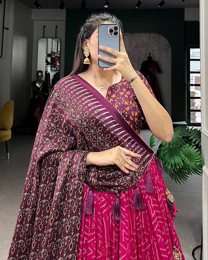 Pink Color Tussar Silk Bandhej Printed Navratri Lehenga Choli