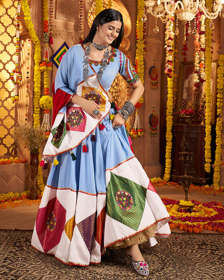 Sky Blue Viscose Cotton Embroidered Navratri Chaniya Choli