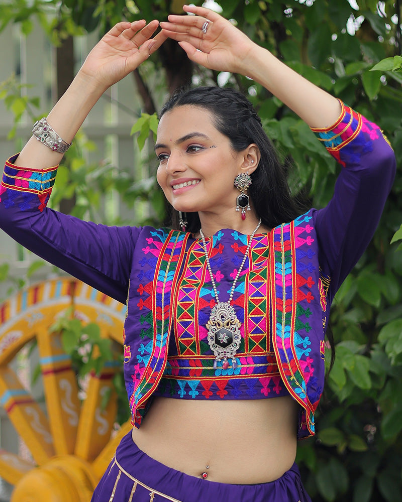 Elegant Purple Mirror Work Navratri Lehenga With Jacket Style Blouse