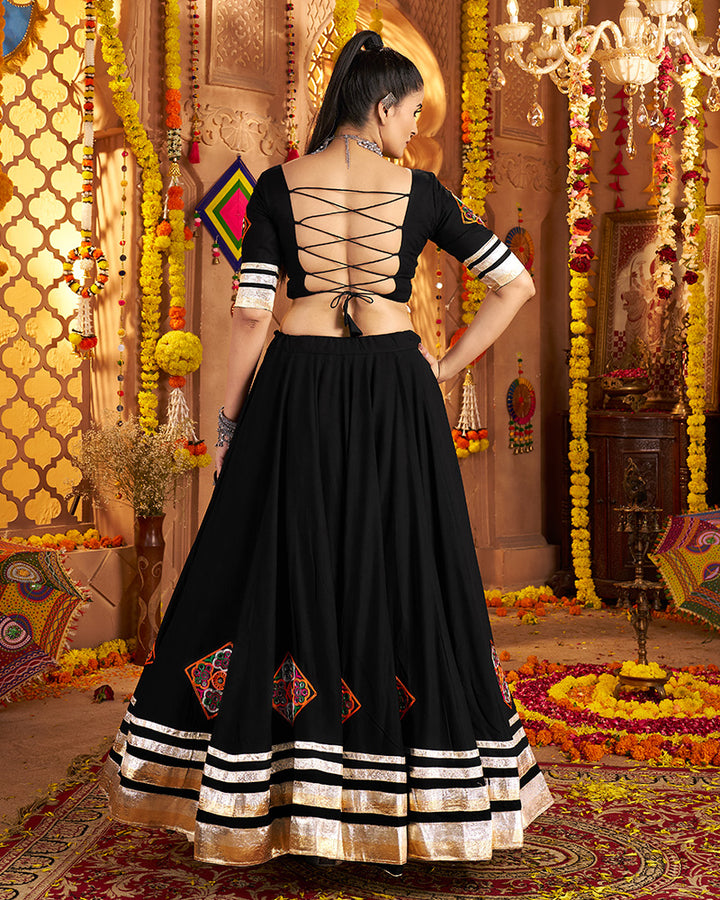 Royal Black Lehenga Choli With Gold Borders And Colorful Embroidery