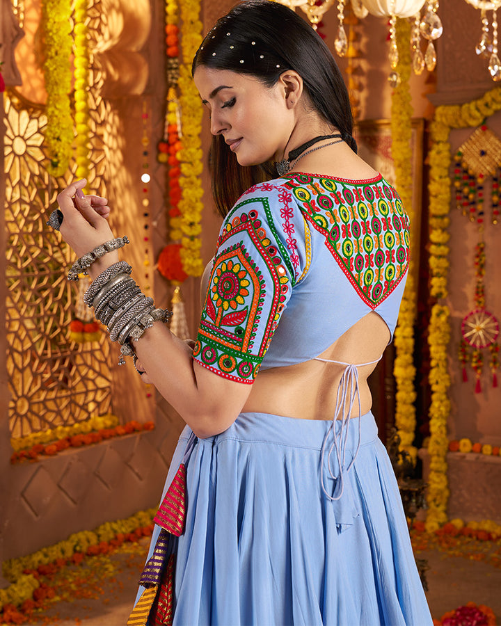Sky Blue Viscose Cotton Embroidered Navratri Chaniya Choli