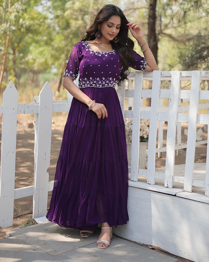 Purple Color Faux Blooming Embroidered Anarkali Gown