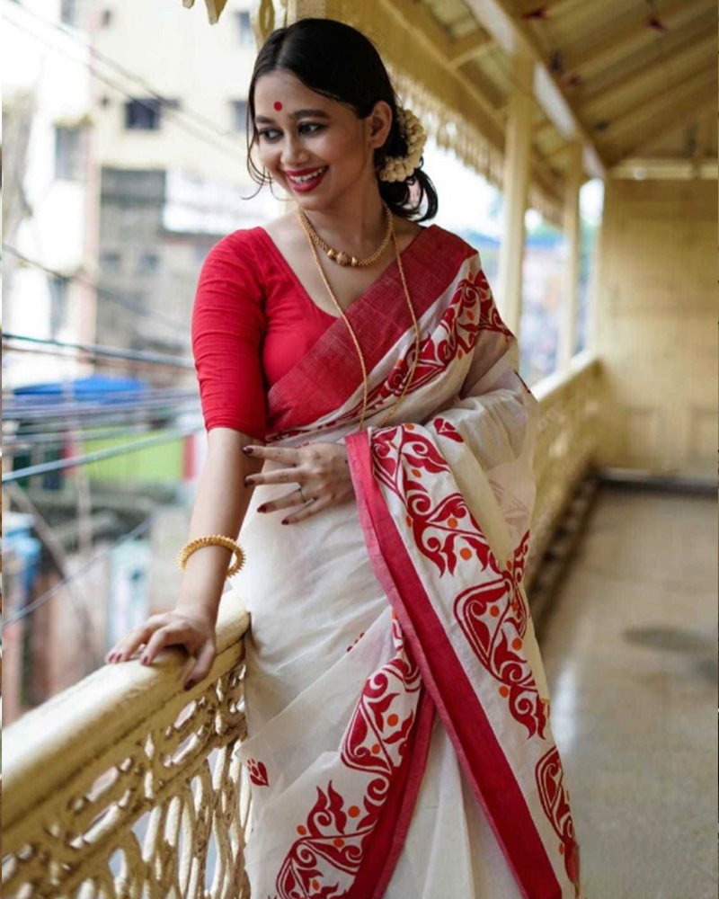 White And Red Color Banarasi Soft Silk Saree