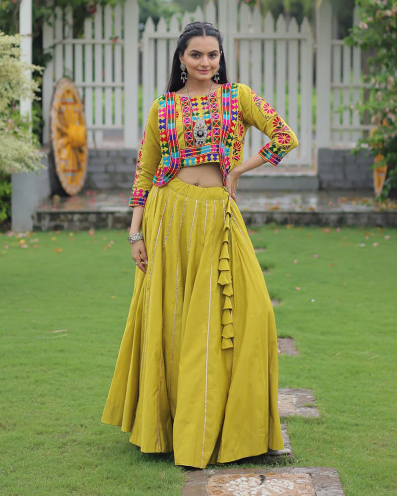Elegant Lime Green Mirror Work Navratri Lehenga With Jacket Style Blouse