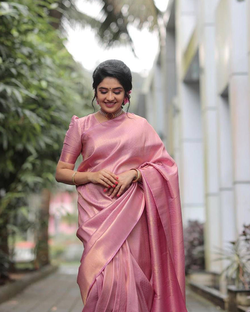 Baby Pink Color Banarasi Soft Silk Saree