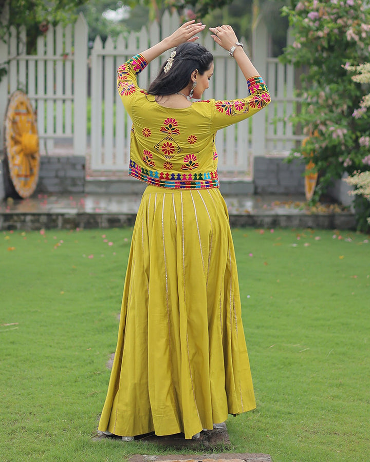 Elegant Lime Green Mirror Work Navratri Lehenga With Jacket Style Blouse