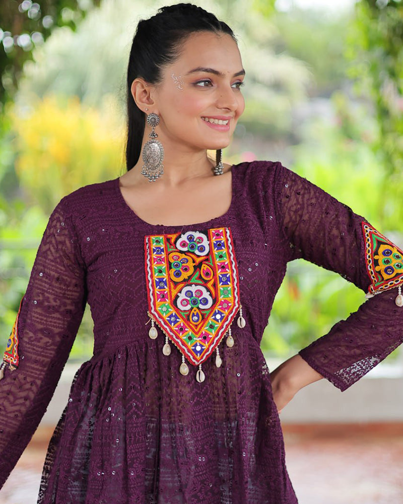 Wine Color Georgette Schiffli Work Navratri Kediya