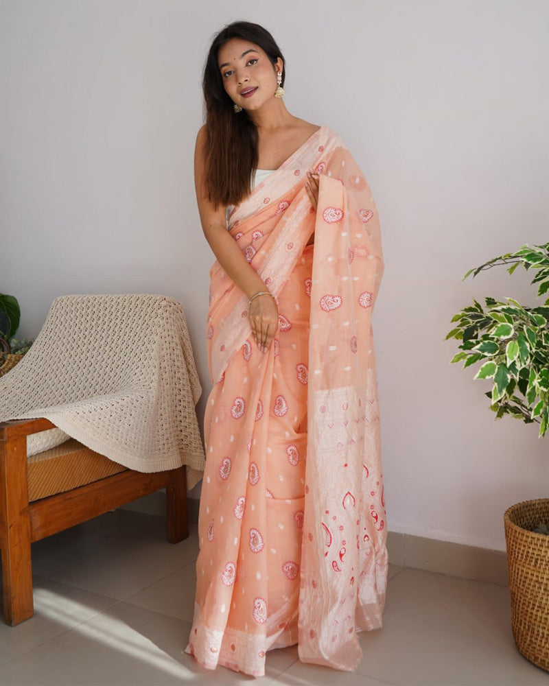 Beautiful Peach Color Soft Cotton Saree