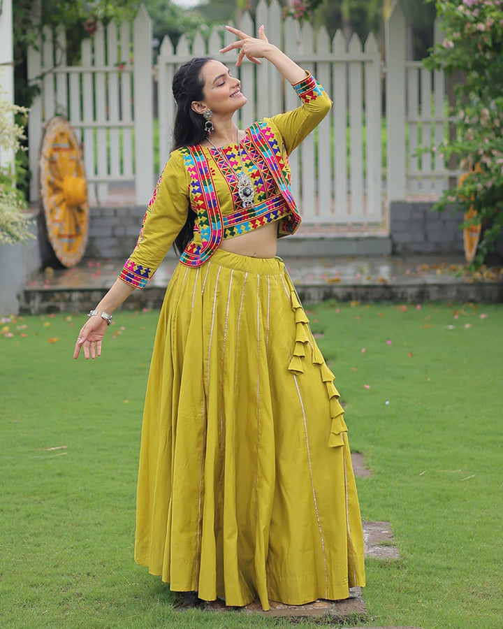 Elegant Lime Green Mirror Work Navratri Lehenga With Jacket Style Blouse