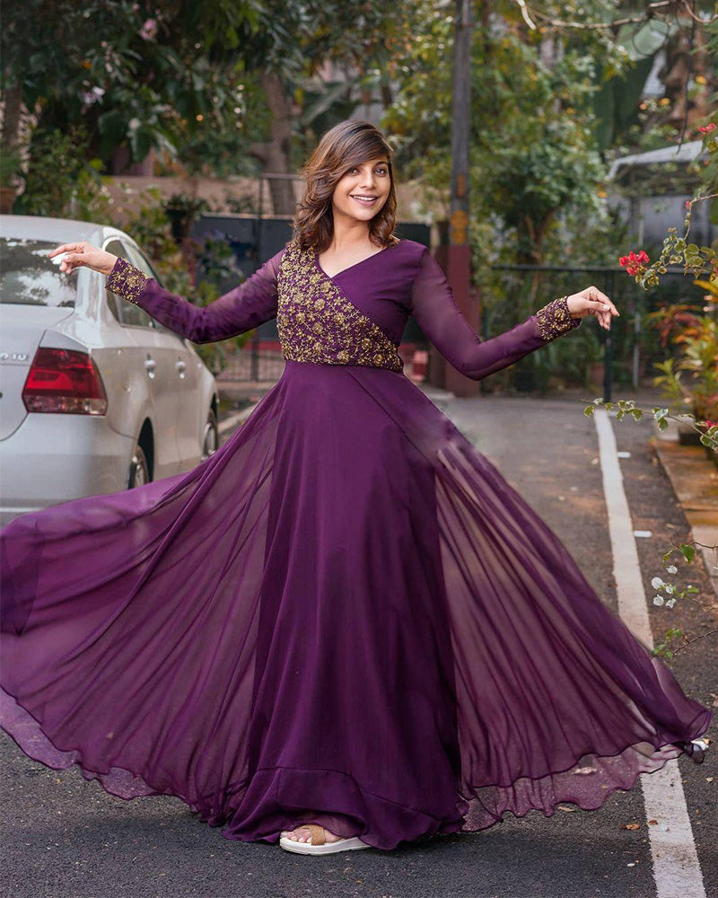 Beautiful Wine Color Designer Embroidery Gown