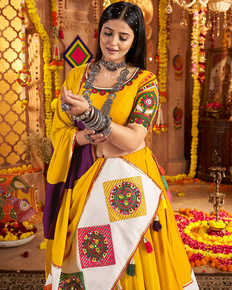 Mustard Yellow Viscose Cotton Embroidered Navratri Chaniya Choli