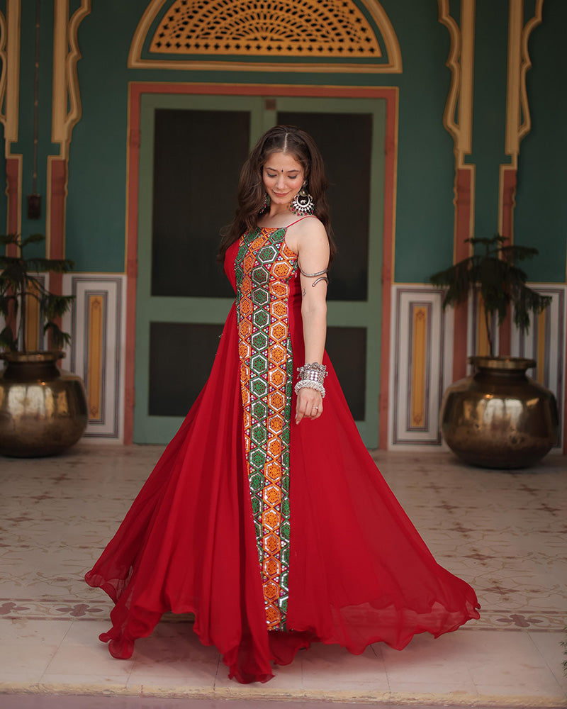 Red Color Faux Blooming Navratri Gown – TANHAI