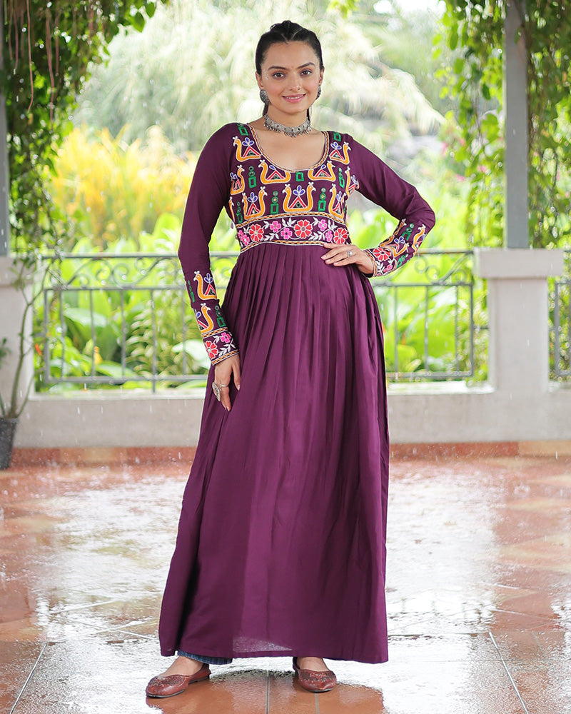 Wine Color Rayon Gamthi Work Navratri Kurti