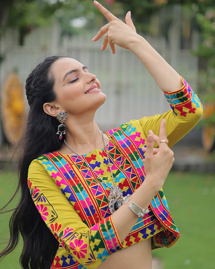 Elegant Lime Green Mirror Work Navratri Lehenga With Jacket Style Blouse