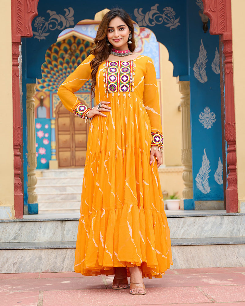 Yellow Color Georgette Laheriya Print Navratri Gown