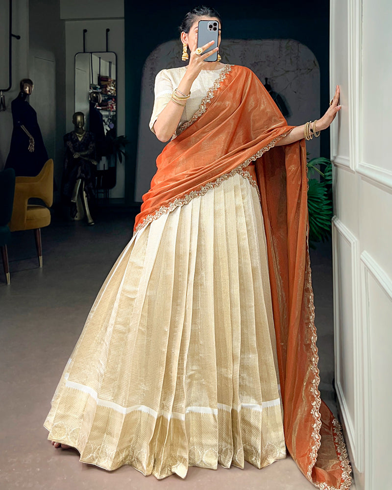 Orange Color Jacquard Chex Half Saree