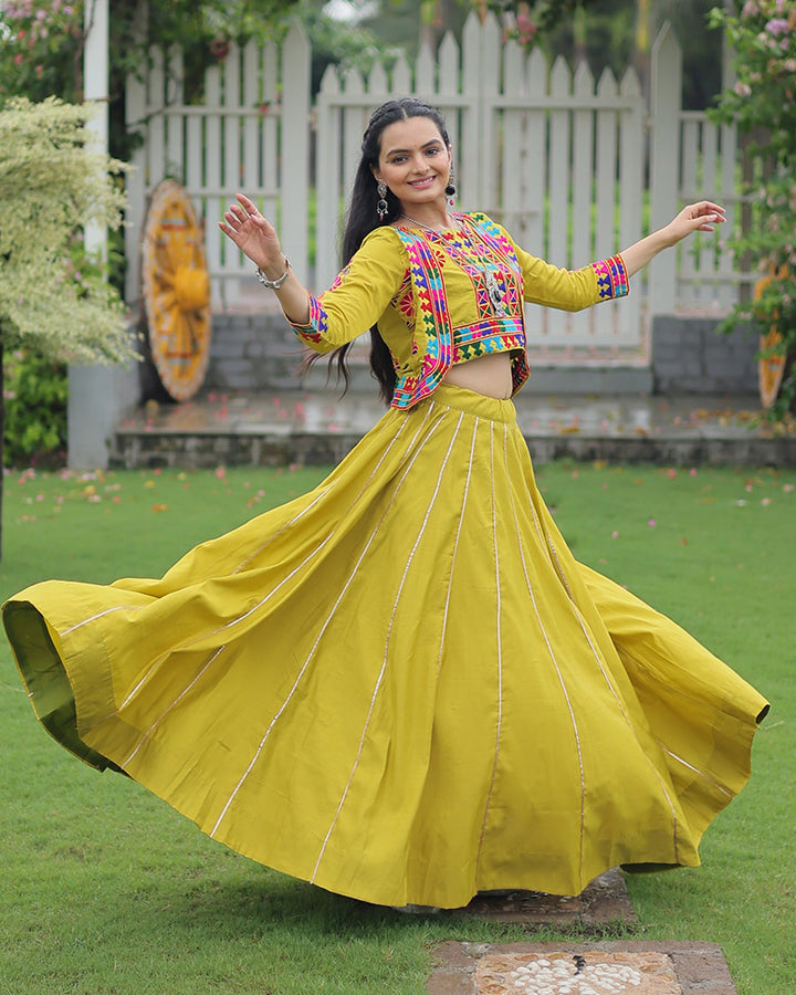 Elegant Lime Green Mirror Work Navratri Lehenga With Jacket Style Blouse