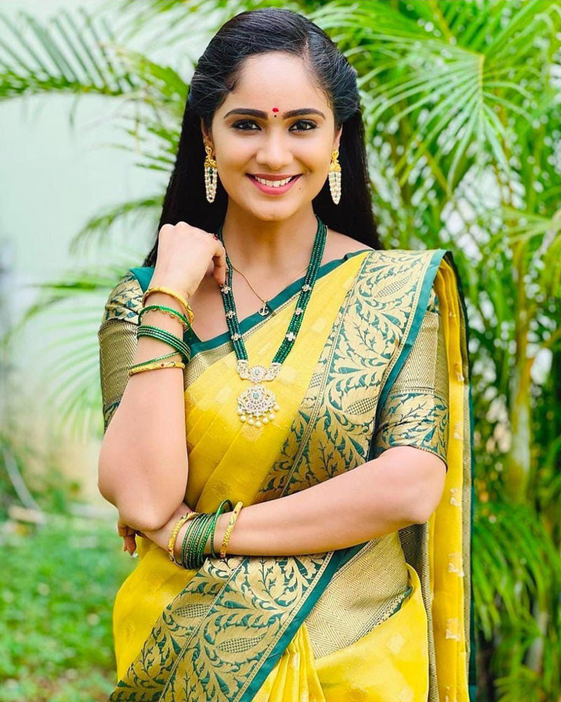 Beautiful Yellow And Green Color Soft Silk Saree