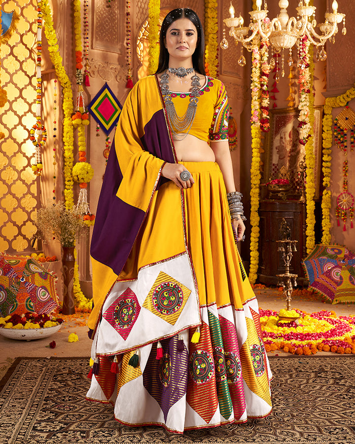 Mustard Yellow Viscose Cotton Embroidered Navratri Chaniya Choli