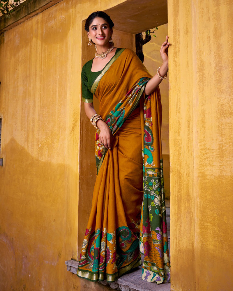 Mustard Color Viscose Chanderi Printed Saree
