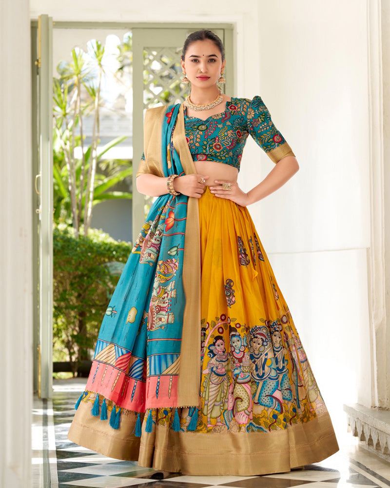Yellow Color Dola Silk Designer Kalamkari Print Half Saree