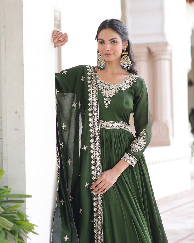 Mehndi Green Color Vichitra Silk Embroidered Gown