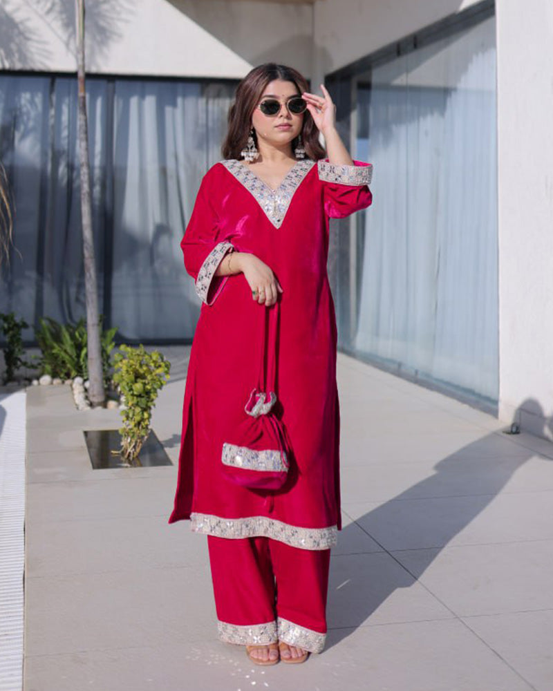 Rani Pink Color Ice Velvet Embroidered Plazzo Suit