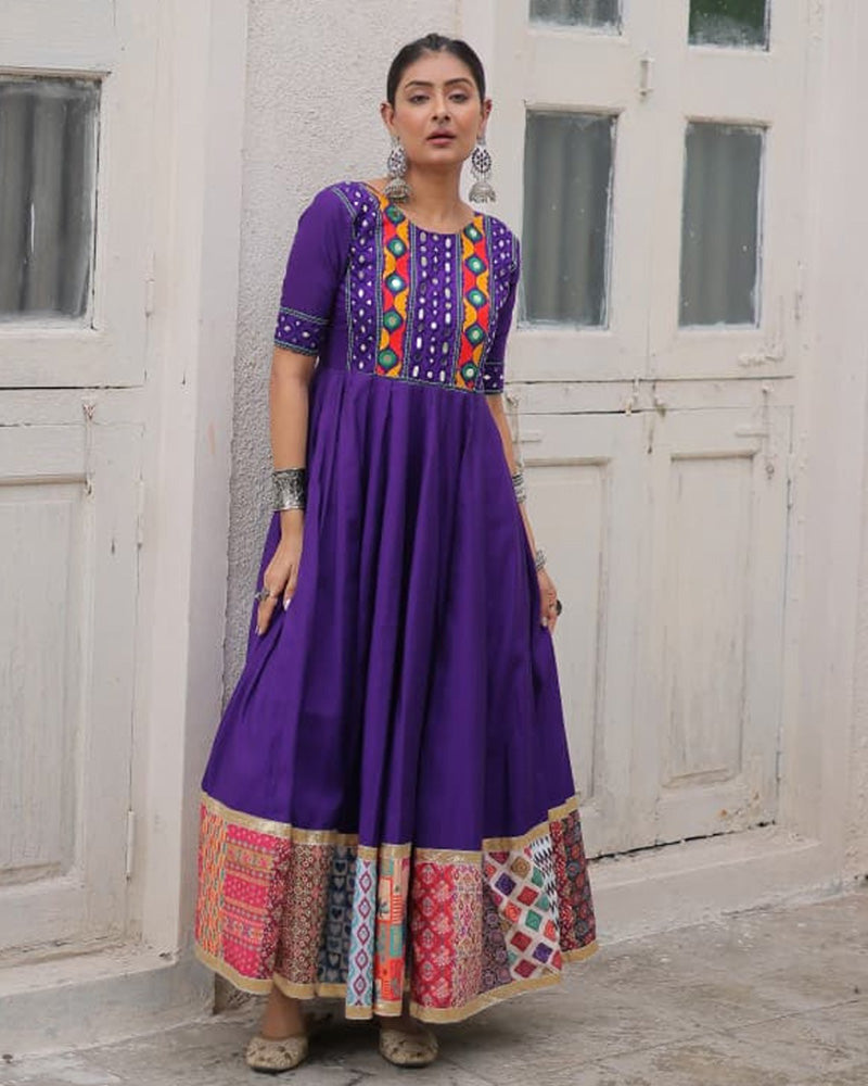 Colorful Border Purple Color Roman Silk Gamthi Work Navratri Gown