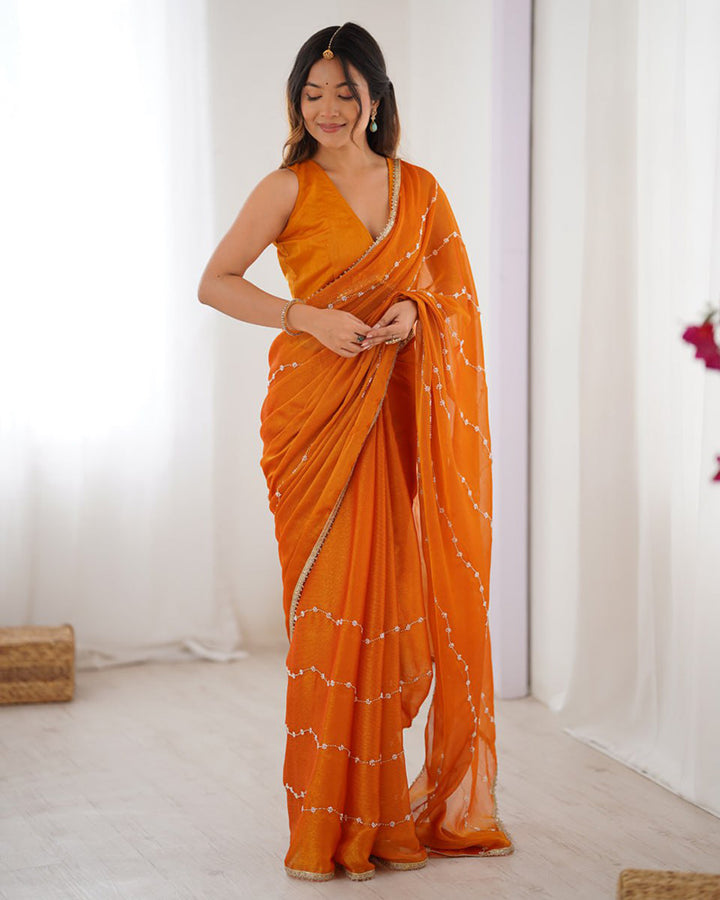 Mustard Color Smooth Sitara Embroidered Saree