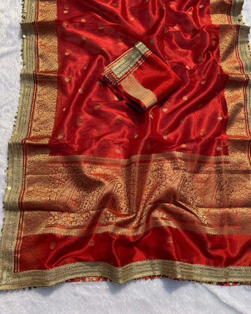 Classic Red Color Tissue Silk Saree